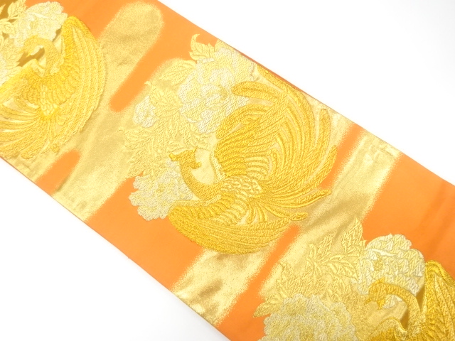 JAPANESE KIMONO / ANTIQUE FUKURO OBI / SILK / WOVEN MIST & PHOENIX & PEONY